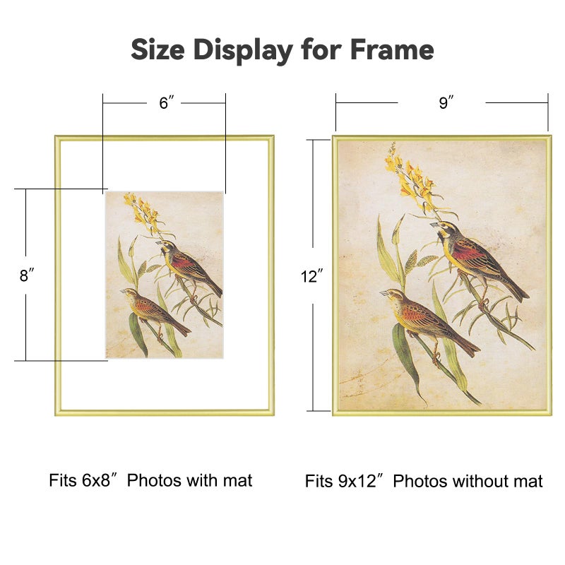 Fkvat 9x12 Picture Frame Set of 1, Matte Gold Modern Thin Aluminum Metal Photo Frame with HD Glass, Fits 6x8 with Mat or 9 x 12 without Mat, for Tabletop and Wall Mounting - Image 2